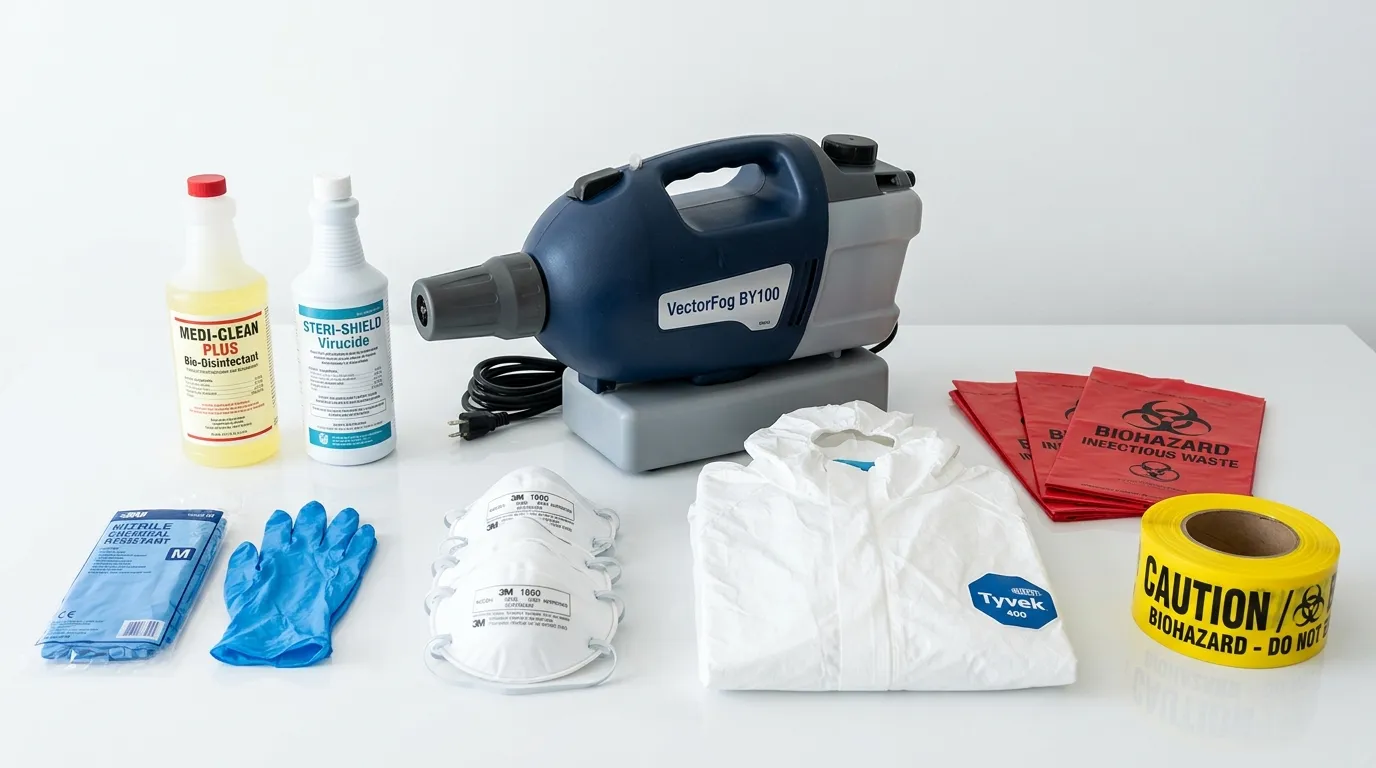 Professional biohazard remediation crew working in San Fernando